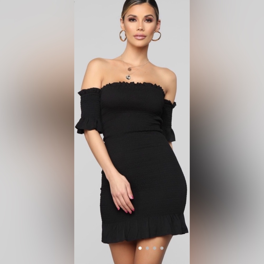 Fashion Nova Keep Me Close Ruffled Smocked Black Off Shoulder Dress - Picture 1 of 3
